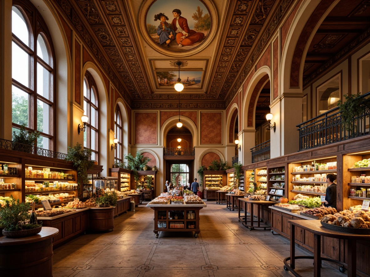 Prompt: Ornate grocery store interior, Renaissance-inspired architecture, elegant wall treatments, decorative moldings, ornamental cornices, grand archways, warm golden lighting, rich wood accents, rustic stone floors, vintage food displays, antique wooden shelves, ornate metal railings, luxurious fabrics, intricate fresco ceilings, soft warm color palette, shallow depth of field, 1/2 composition, realistic textures, ambient occlusion.