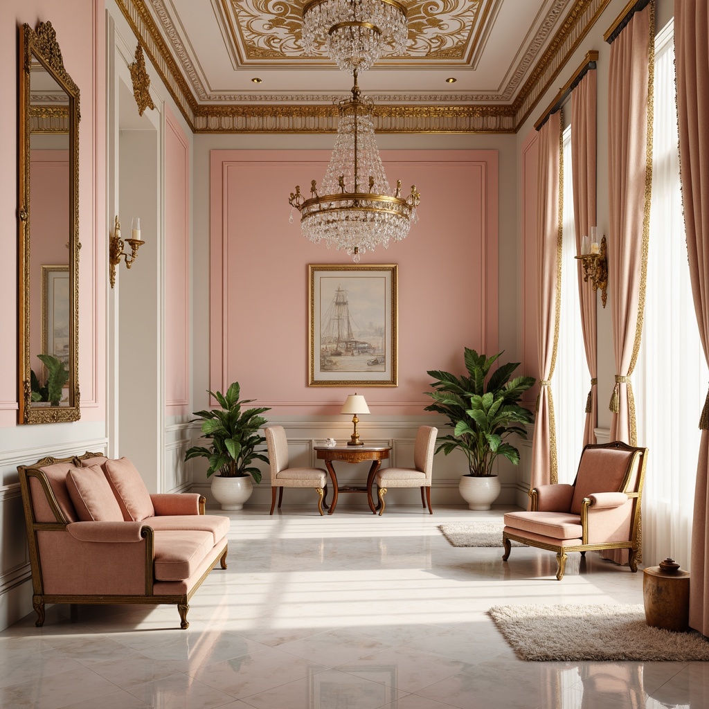 Prompt: Luxurious Rococo interior, ornate furnishings, soft pastel hues, pale pink walls, cream-colored marble floors, gilded accents, intricately carved wooden paneling, velvet drapes, golden lighting fixtures, crystal chandeliers, delicate lace patterns, antique furniture pieces, opulent textiles, richly upholstered armchairs, subtle sheen, warm ambient glow, shallow depth of field, 1/1 composition, realistic renderings, ornate moldings, Baroque-inspired details.