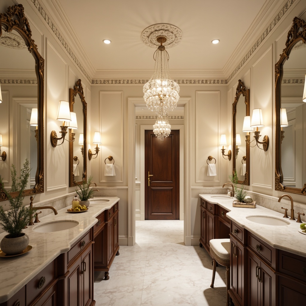 Prompt: Elegant powder room, ornate mirrors, luxurious marble countertops, soft warm lighting, crystal chandeliers, sconce lighting, polished metal fixtures, creamy white walls, rich wood cabinetry, decorative ceiling trim, refined academic style, classic architectural details, subtle color palette, ambient occlusion, shallow depth of field, 3/4 composition, realistic textures.