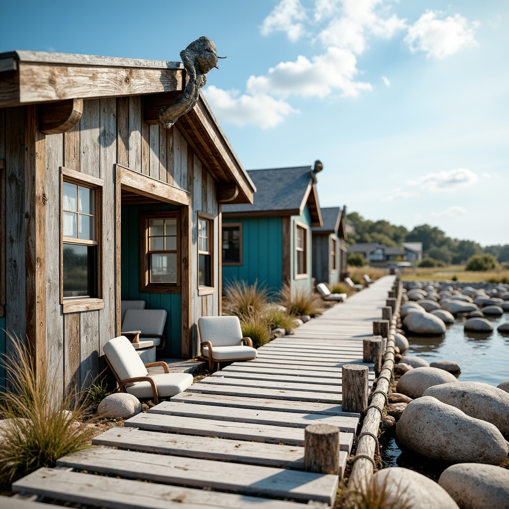 Prompt: Weathered wooden docks, driftwood accents, ocean-battered stones, sea-salt sprayed windows, coral-inspired patterns, soft sandy dunes, serene coastal scenery, gentle sea breeze, warm sunny day, shallow depth of field, 3/4 composition, realistic textures, ambient occlusion, natural materials, rustic beach huts, nautical ropes, distressed wooden planks, ocean-blue hues, creamy whites, weathered metal fixtures, driftwood grey tones.