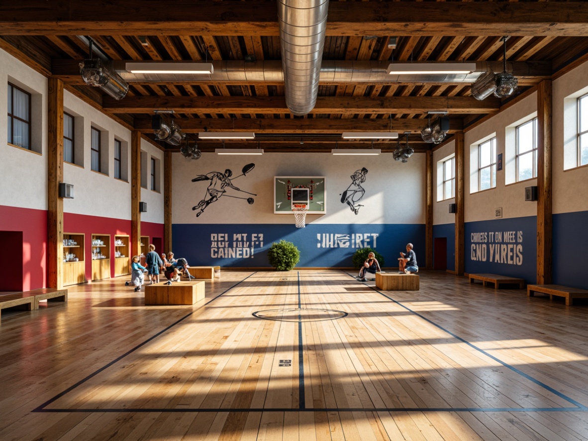 Prompt: Rustic gymnasium interior, wooden flooring planks, distressed textures, matte finishes, sports-themed murals, athletic equipment silhouettes, bold color accents, natural light pouring, exposed ductwork, industrial-style lighting fixtures, metal beams, minimalist benches, motivational quotes, trophy display cases, polished concrete surfaces, anti-slip coatings, sound-absorbing materials, dynamic camera angles, shallow depth of field, 2/3 composition, warm atmospheric lighting.