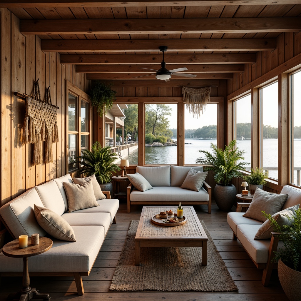 Prompt: Cozy boathouse, rustic wooden accents, vintage nautical decor, distressed finishes, soft pastel hues, plush throw pillows, woven wicker furniture, natural linen upholstery, driftwood coffee table, macrame wall hangings, woven sea grass rugs, candlelit ambiance, warm golden lighting, 1/2 composition, shallow depth of field, rustic wooden beams, fishing net adornments, potted greenery, lakefront views, serene water reflections.