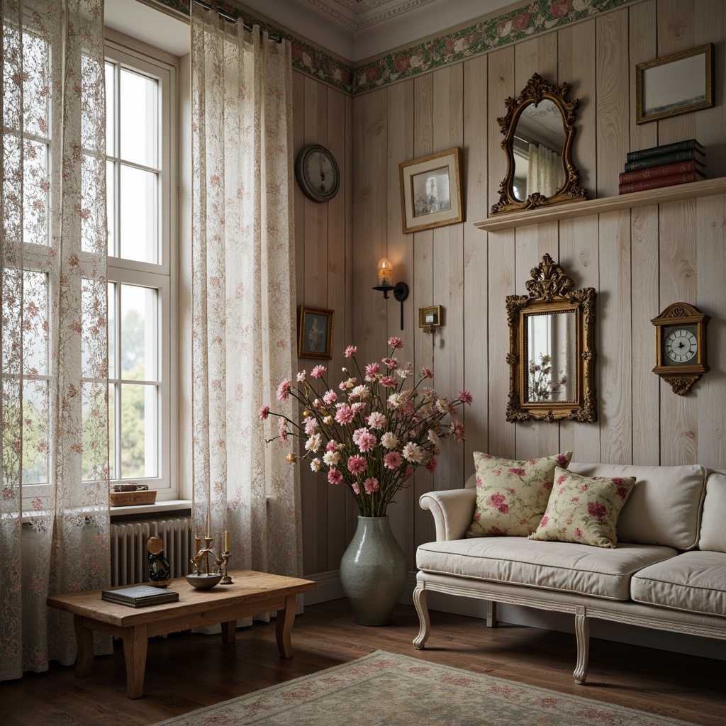 Prompt: Distressed wooden walls, soft pastel colors, vintage floral patterns, lace curtains, ornate gold frames, distressed mirrors, rustic wooden shelves, antique clock, worn leather-bound books, elegant candelabras, warm candlelight, shallow depth of field, 1/2 composition, realistic textures, ambient occlusion.