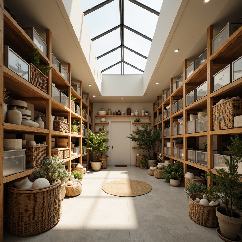 Prompt: Cozy storage room, soft warm lighting, clerestory windows, skylights, translucent roofing, reflective surfaces, pale color palette, minimal obstructions, open shelving units, metallic storage bins, wooden crates, woven baskets, natural textiles, earthy tones, organic shapes, airy atmosphere, shallow depth of field, 1/1 composition, panoramic view, realistic textures, ambient occlusion.