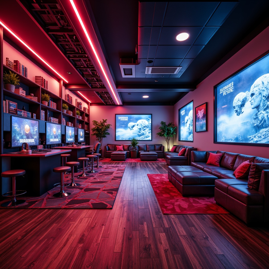 Prompt: Vibrant game room, sleek modern furniture, polished chrome accents, neon blue lighting, rich walnut wood tones, geometric patterned rugs, minimalist shelving units, futuristic LED screens, high-tech gaming consoles, immersive virtual reality experiences, dynamic sound systems, cozy lounge seating areas, bold red and black color scheme, metallic silver trim, abstract futuristic art pieces, atmospheric fog effects, shallow depth of field, cinematic camera angles, 3/4 composition.