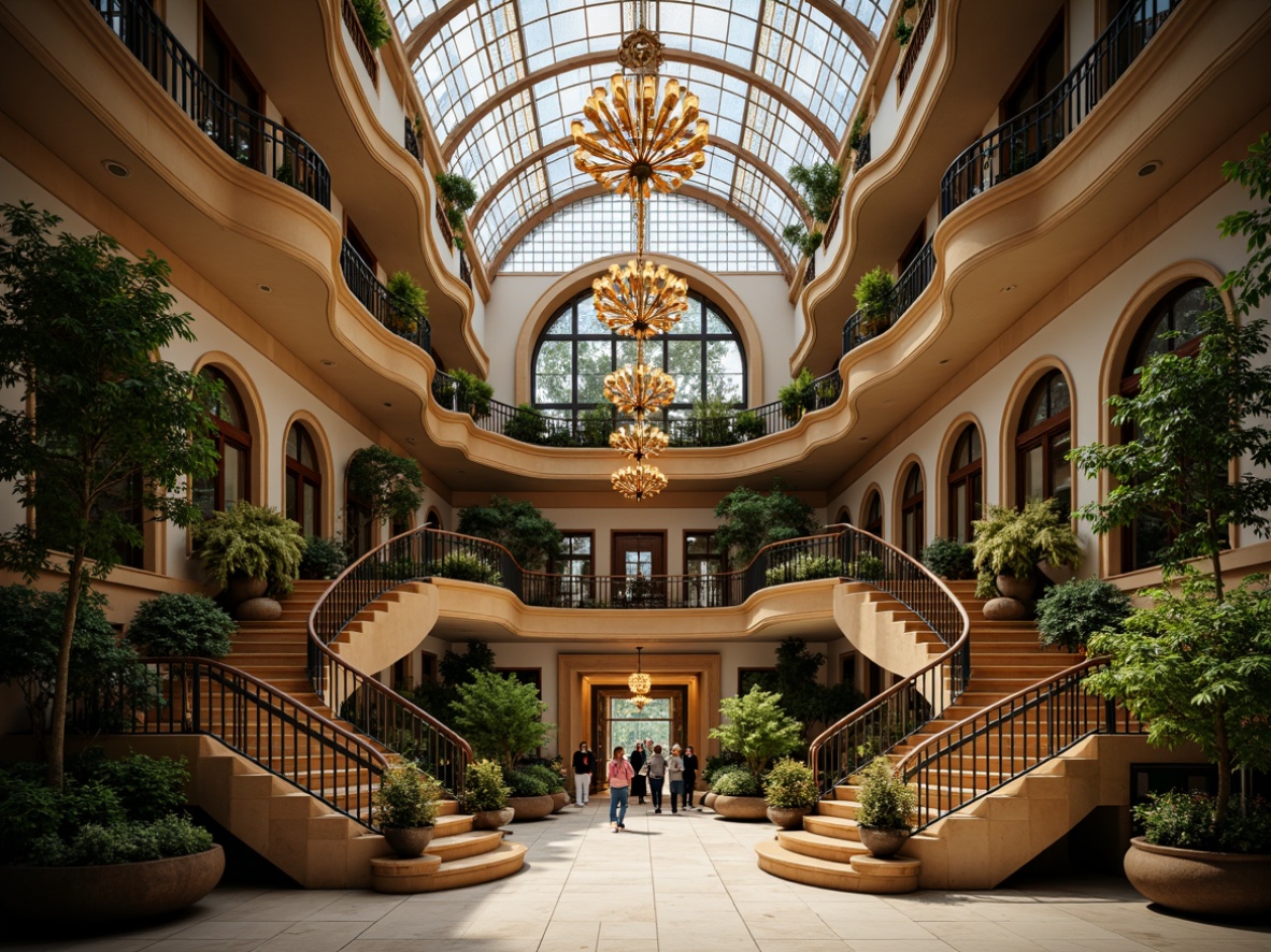 Prompt: Elegant grand hall, ornate chandeliers, sweeping staircases, lush greenery, flowing curves, organic shapes, natural materials, stained glass windows, intricate metalwork, ornamental railings, vibrant colors, soft warm lighting, shallow depth of field, 1/1 composition, symmetrical view, realistic textures, ambient occlusion, botanical patterns, sinuous lines, whimsical details.