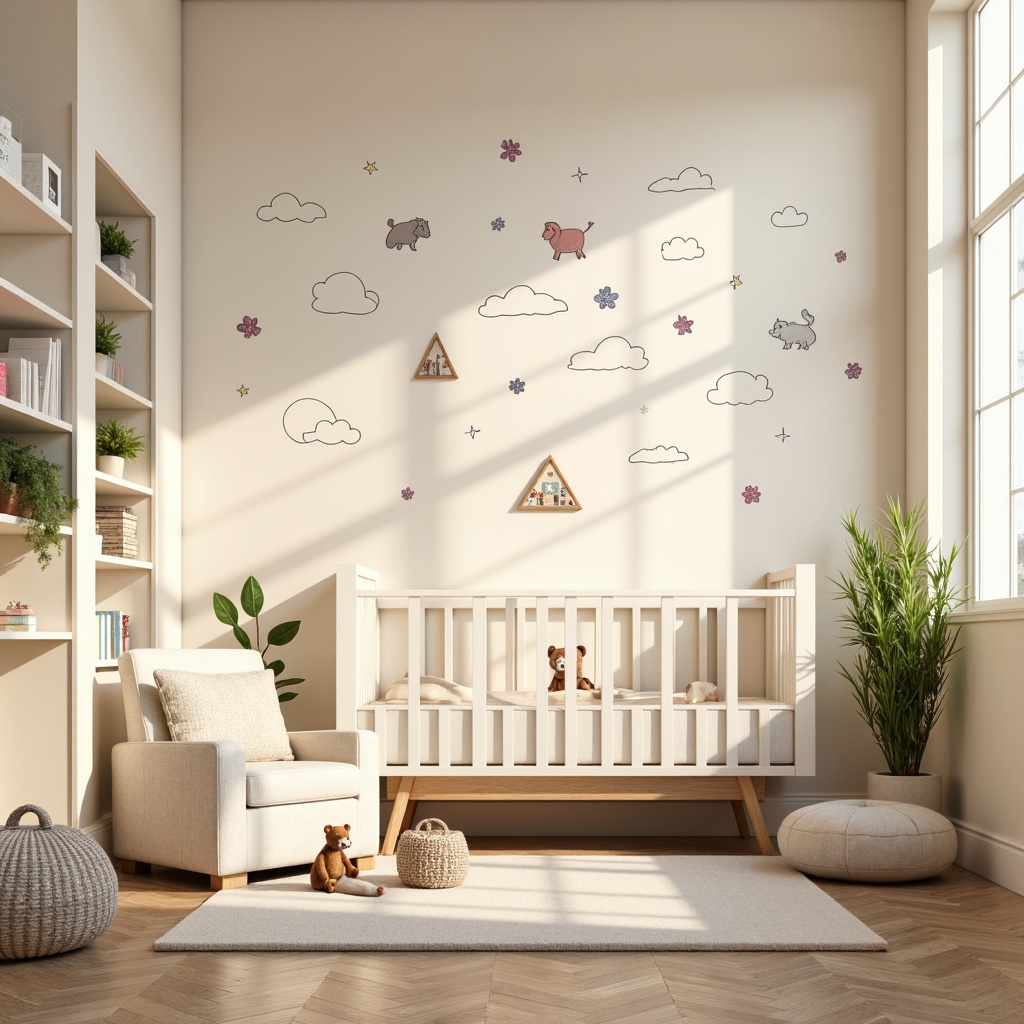 Prompt: Whimsical nursery, soft pastel colors, gentle cloud shapes, adorable baby animals, delicate floral patterns, cute cartoon characters, playful polka dots, sweet alphabet letters, tender motherly love, warm beige walls, creamy white furniture, plush toys, cozy reading nook, natural wood accents, gentle morning light, shallow depth of field, 1/1 composition, realistic textures, ambient occlusion.