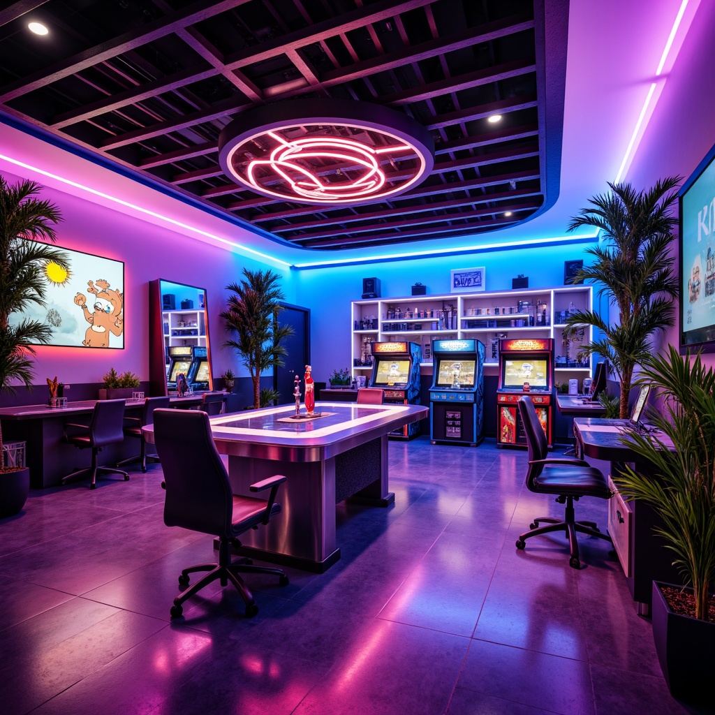 Prompt: Vibrant game room, neon-lit ambiance, futuristic furniture, metallic accents, bold color schemes, glossy finishes, sleek lines, high-tech gadgets, immersive gaming experience, LED lighting systems, fiber-optic decorations, translucent glass tables, ergonomic chairs, acoustic soundproofing, minimalist shelving, dynamic visual effects, cinematic displays, surround sound systems, retro arcade machines, nostalgic game consoles.