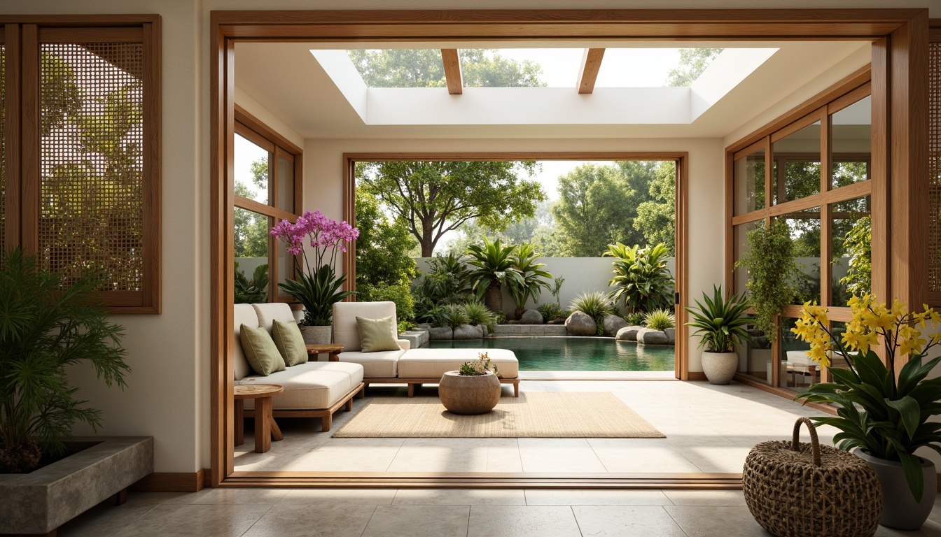 Prompt: Serene Asian-inspired sunroom, sliding glass doors, latticework wooden panels, natural stone flooring, bamboo furniture, minimalist decor, lush greenery, vibrant orchids, soft warm lighting, abundant natural light, clerestory windows, skylights, solar tubes, reflective surfaces, creamy white walls, beige accents, tranquil ambiance, peaceful atmosphere, 1/1 composition, shallow depth of field, realistic textures, ambient occlusion.