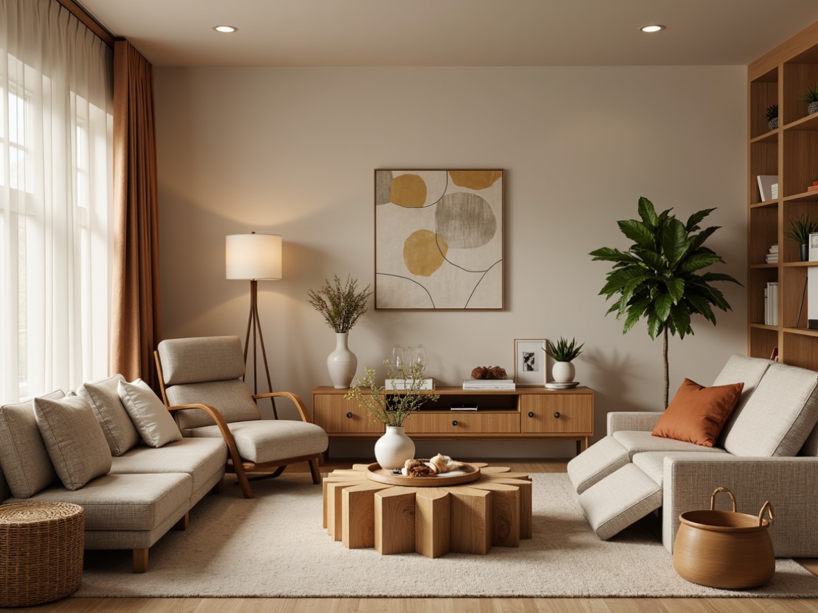 Prompt: Cozy living room, plush sofas, reclining chairs, wooden coffee tables, soft cushions, warm lighting, beige walls, modern minimalist decor, functional storage units, ergonomic designs, comfortable seating arrangements, calming color schemes, natural textiles, woven baskets, potted plants, floor lamps, corner shelves, abstract artwork, relaxing ambiance.