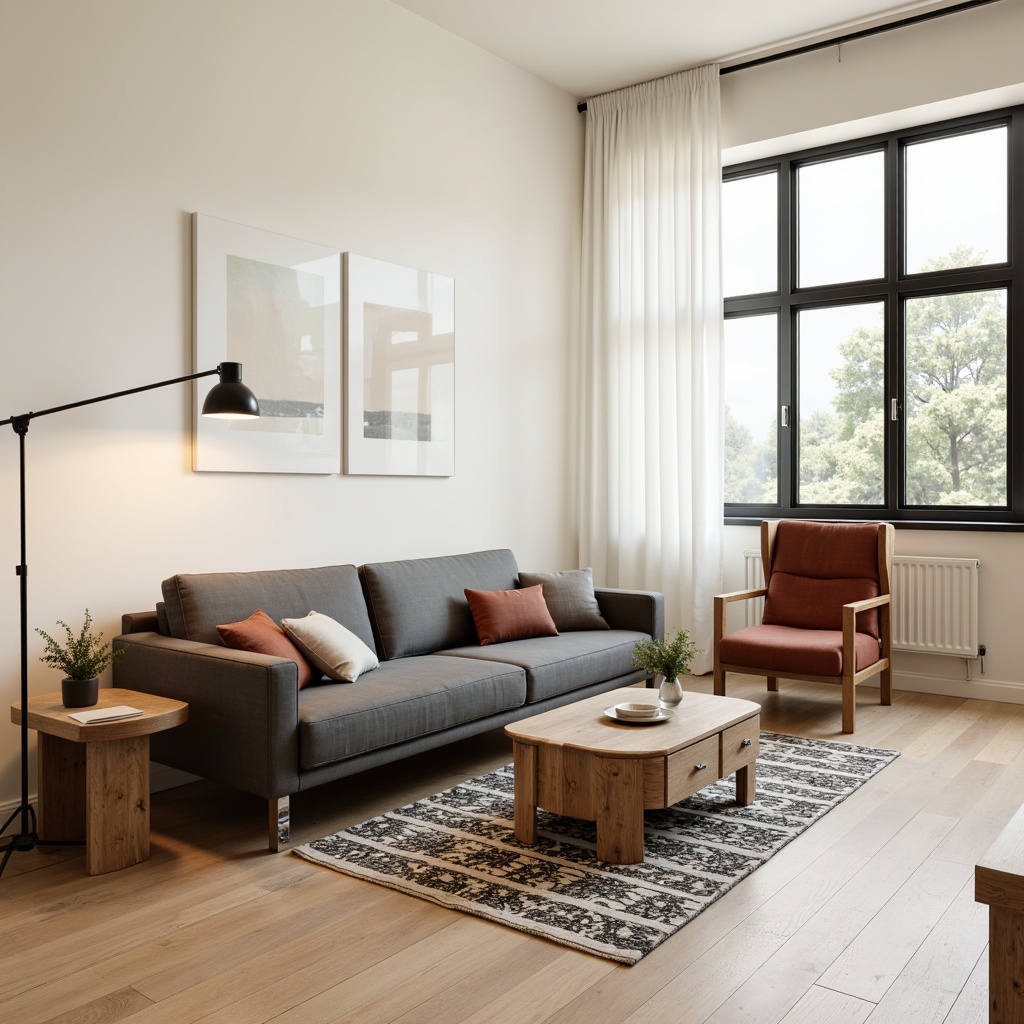 Prompt: Minimalist living room, sleek low-profile sofa, polished chrome legs, tufted velvet armchair, reclaimed wood coffee table, geometric patterned rug, industrial metal floor lamp, Edison bulb pendant light, creamy white walls, large windows, natural oak flooring, subtle texture, soft warm lighting, shallow depth of field, 1/1 composition, realistic reflections, ambient occlusion.