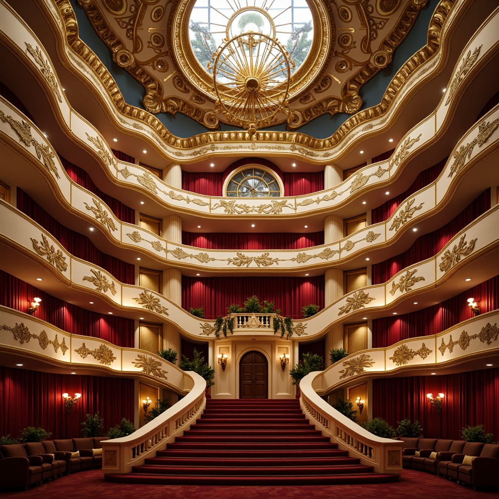 Prompt: Elegant opera house, grand staircases, ornate balconies, rich velvet curtains, luxurious red carpets, golden chandeliers, intricate moldings, Baroque architecture, majestic high ceilings, symmetrical composition, soft warm lighting, shallow depth of field, 1/1 aspect ratio, realistic textures, ambient occlusion, harmonious color palette, soothing creamy whites, majestic deep blues, rich jewel-toned reds, sophisticated neutral beiges, lustrous metallic golds.