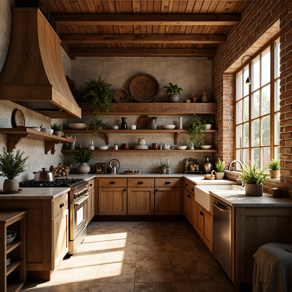 Prompt: Rustic kitchen, wooden cabinetry, distressed finishes, earthy tones, natural stone countertops, vintage appliances, farmhouse sink, exposed brick walls, open shelving, woven textiles, pendant lighting, warm golden lighting, soft focus, shallow depth of field, 2/3 composition, cozy atmosphere, inviting decor.