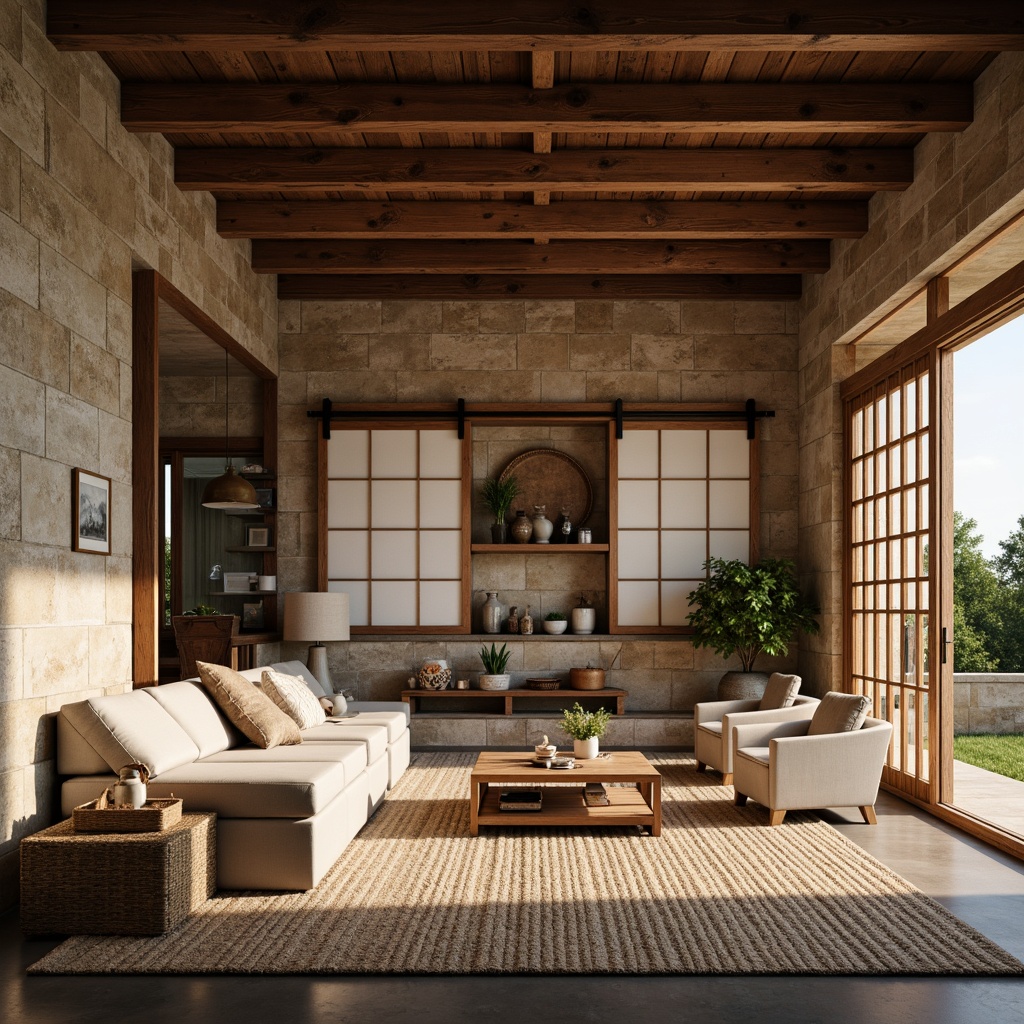 Prompt: Rustic farmhouse, natural stone walls, textured finishes, earthy tones, Asian-inspired accents, wooden beams, traditional Japanese sliding doors, paper lanterns, woven bamboo furniture, vintage farm tools, natural fabrics, soft warm lighting, cozy atmosphere, shallow depth of field, 1/1 composition, realistic textures, ambient occlusion.