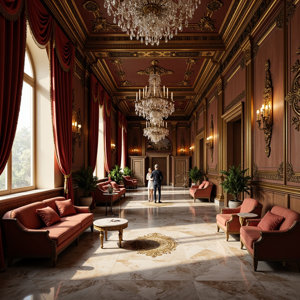 Prompt: Ornate palace interior, lavish furnishings, rich velvet drapes, intricately carved wooden panels, gilded ornamental details, polished marble floors, grand crystal chandeliers, luxurious silk fabrics, baroque patterns, golden accents, subtle ambient lighting, soft warm tones, shallow depth of field, 1/1 composition, realistic reflections, detailed normal maps.