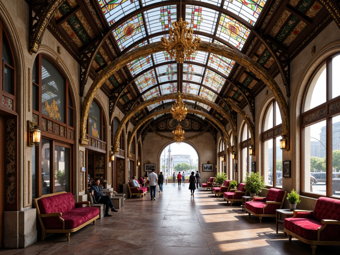 Prompt: Intricate ornate bus station, curved metal structures, flowing organic lines, vibrant colorful textiles, stained glass roofs, mosaic patterns, natural stone walls, luxurious velvet seating, polished brass fixtures, dramatic archways, grand chandeliers, soft warm lighting, 1/1 composition, realistic textures, ambient occlusion.