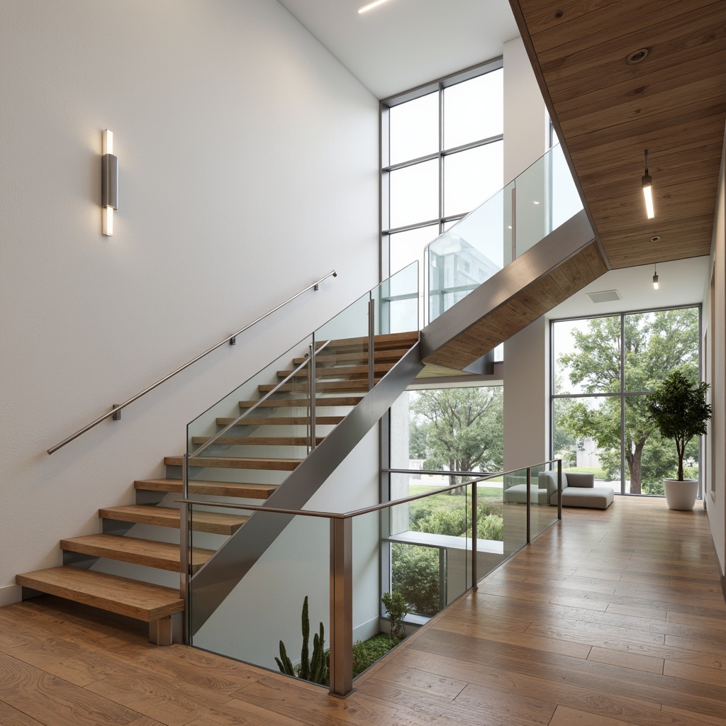 Prompt: Sleek handrails, minimalist design, polished metal materials, elegant wooden accents, modern staircase architecture, open risers, floating treads, glass balustrades, chromed steel supports, LED lighting integration, subtle texture contrasts, refined geometric shapes, airy atmosphere, natural light infusion, 3/4 composition, shallow depth of field, panoramic view, realistic reflections.