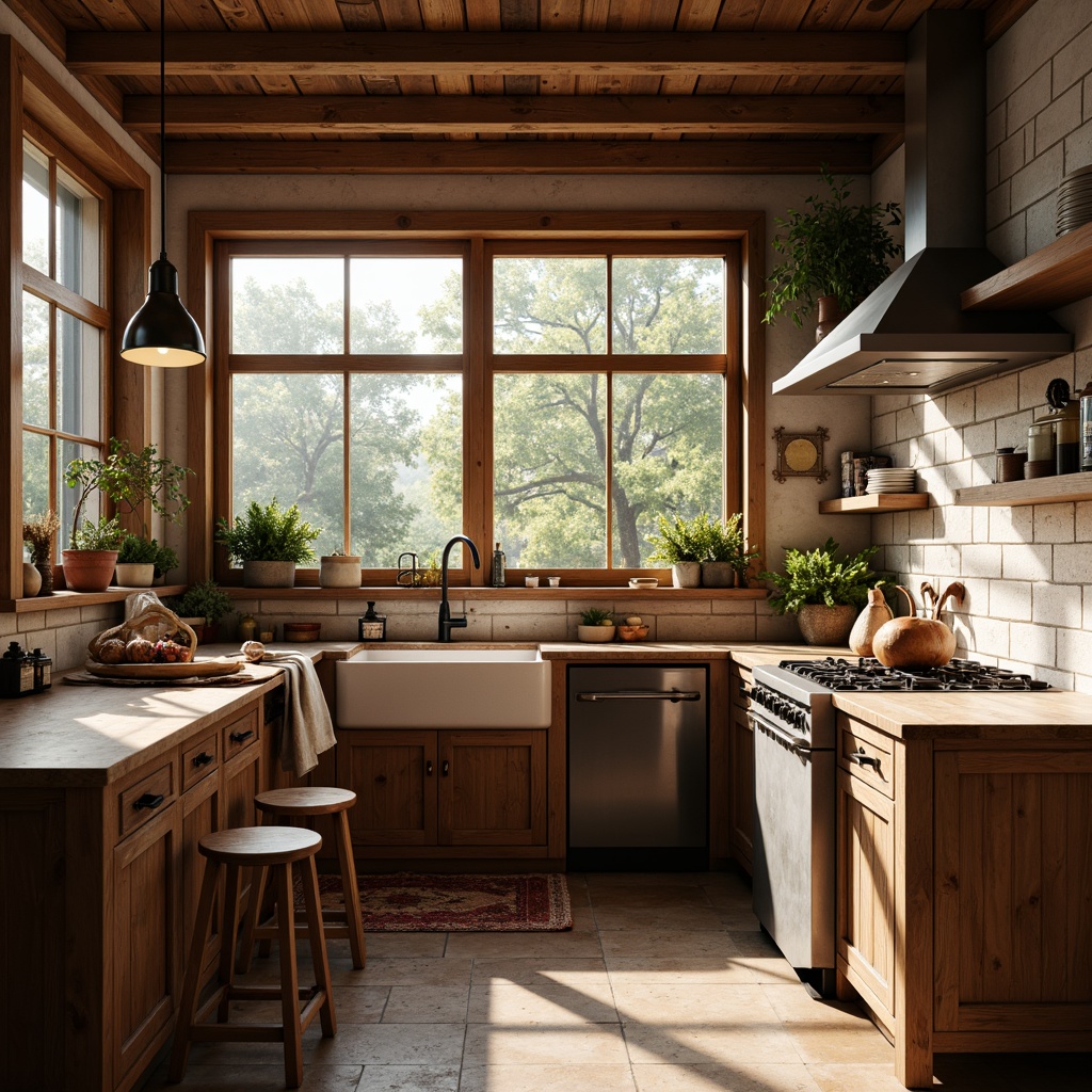 Prompt: Cozy kitchen, rustic wooden cabinets, natural stone countertops, warm pendant lighting, soft ambient glow, vintage metal fixtures, distressed wood accents, earthy color palette, farmhouse sink, brick backsplash, large windows, sunny morning light, shallow depth of field, 1/1 composition, realistic textures, warm white balance, subtle shadows.