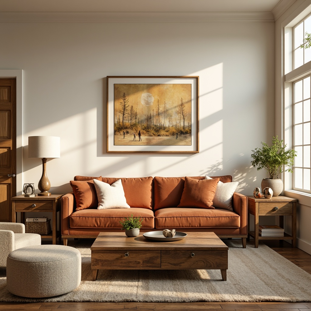 Prompt: Cozy living room, plush velvet sofa, reclaimed wood coffee table, soft golden lighting, comfortable throw pillows, warm beige carpet, minimalist decorative accents, elegant floor lamps, natural fabric upholstery, ergonomic chair design, spacious storage ottoman, rustic wooden side tables, creamy white walls, subtle texture contrasts, shallow depth of field, 1/1 composition, realistic reflections, ambient occlusion.