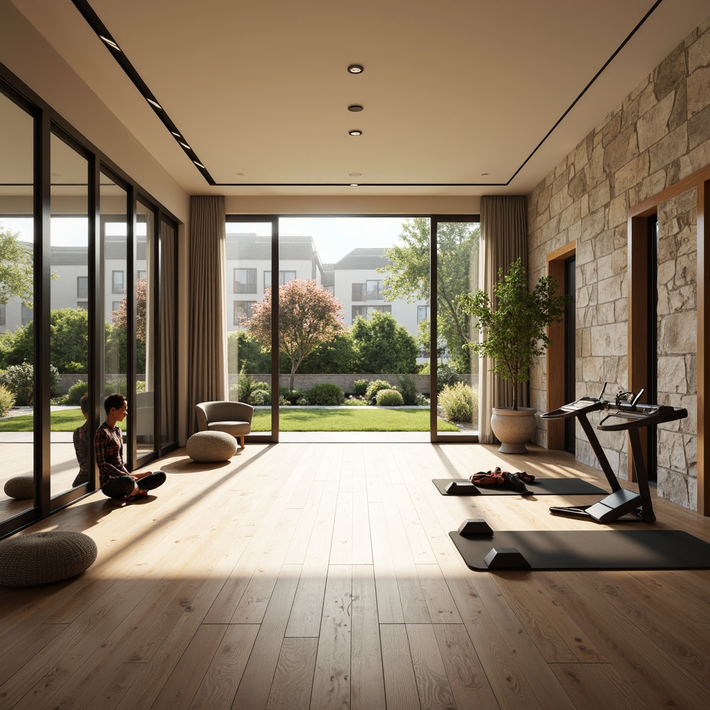 Prompt: Bright home gym, large windows, sliding glass doors, mirrored walls, polished wooden floors, minimal decor, natural stone accents, modern fitness equipment, free weights, exercise machines, yoga mats, meditation area, calming color scheme, soft warm lighting, shallow depth of field, 1/1 composition, realistic textures, ambient occlusion, sunny day, outdoor garden view, lush greenery, blooming flowers.