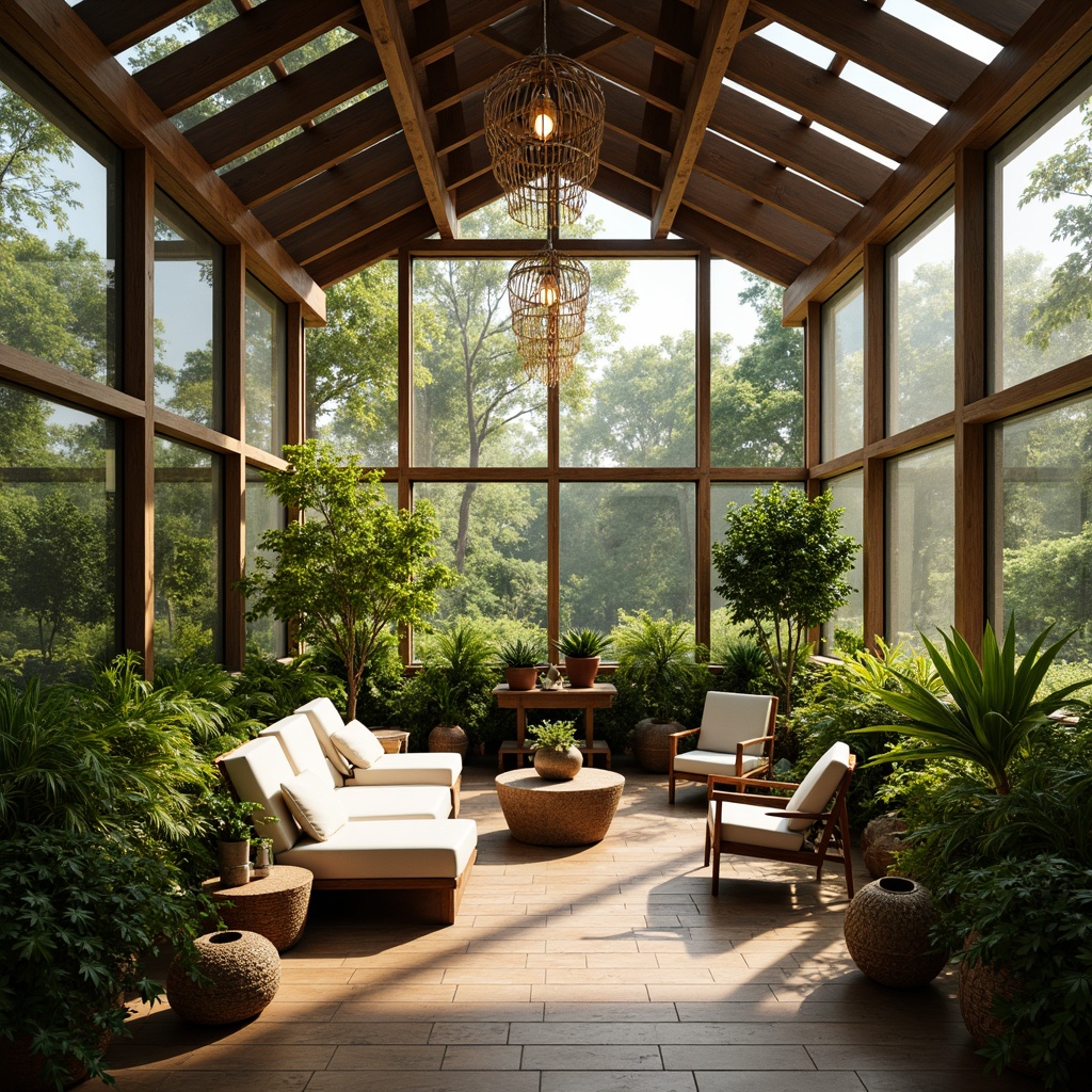 Prompt: Serene sunroom, lush greenery, natural plants, wooden accents, Asian-inspired decor, paper lanterns, bamboo furniture, woven rattan baskets, earthy tones, soft warm lighting, shallow depth of field, 3/4 composition, panoramic view, realistic textures, ambient occlusion.