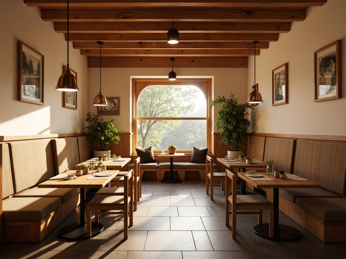 Prompt: Cozy breakfast nook, warm beige walls, rich wood tones, comfortable cushioned benches, elegant wooden tables, soft plush armchairs, stylish pendant lighting, natural stone flooring, subtle earthy colors, inviting atmosphere, abundant morning sunlight, gentle warm glow, shallow depth of field, 1/1 composition, realistic textures, ambient occlusion.