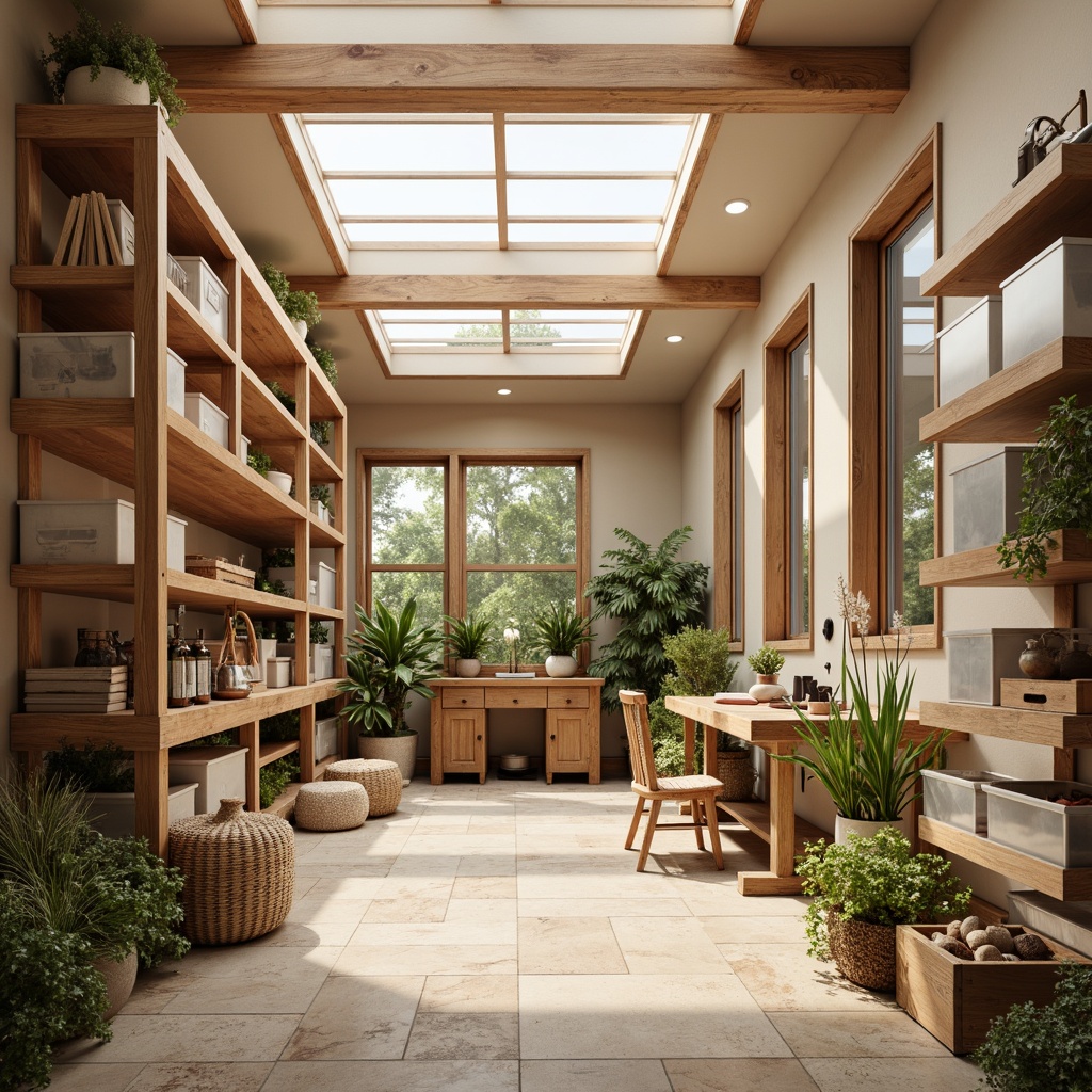 Prompt: Cozy storage room, wooden shelving units, metal storage racks, transparent plastic bins, natural stone flooring, large skylights, overhead windows, soft diffused lighting, warm beige walls, minimalist decor, clutter-free space, organized storage systems, rustic wood accents, earthy tone color palette, serene ambiance, airy atmosphere, shallow depth of field, 1/1 composition, realistic textures.