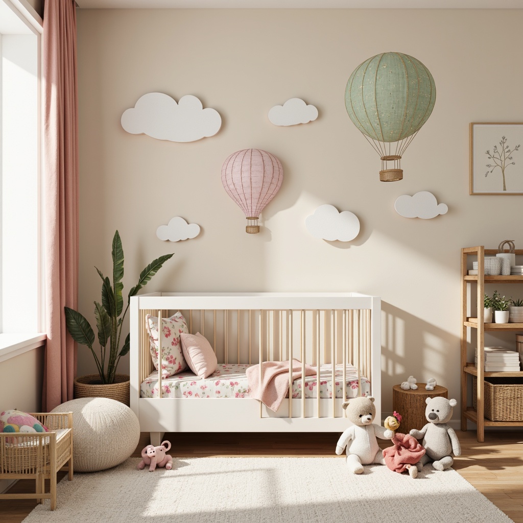 Prompt: Whimsical nursery, pastel color palette, soft fabric textures, delicate floral patterns, endearing cartoon characters, wooden wall art, hand-painted murals, gentle color gradations, playful polka dots, adorable animal silhouettes, floating hot air balloons, dreamy cloud formations, warm beige walls, creamy white furniture, natural wood accents, cozy reading nooks, plush area rugs, softbox lighting, shallow depth of field, 1/2 composition, realistic brushstrokes.