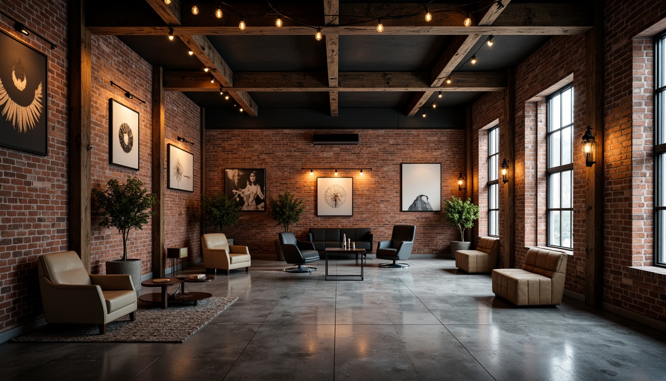 Prompt: Exposed brick walls, reclaimed wood accents, metal beams, industrial-chic decor, atmospheric lighting fixtures, suspended pendant lamps, Edison bulb filaments, distressed concrete floors, urban loft ambiance, converted warehouse space, high ceilings, minimalist color palette, modern art installations, eclectic furniture pieces, moody shadows, dramatic spotlights, warm ambient glow, 1/2 composition, shallow depth of field, cinematic rendering.