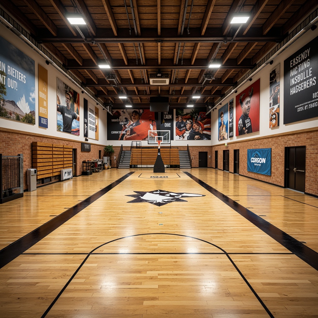 Prompt: Rustic gymnasium interior, reclaimed wood flooring, polished concrete surfaces, sports-themed murals, motivational quotes, athletic equipment displays, sturdy metal beams, industrial-style lighting fixtures, open ceilings, functional shelving units, wooden bleachers, basketball court markings, volleyball net installations, athletic track lanes, sound-absorbing acoustic panels, high-gloss finishes, 1/1 composition, shallow depth of field, warm color temperature, realistic textures.