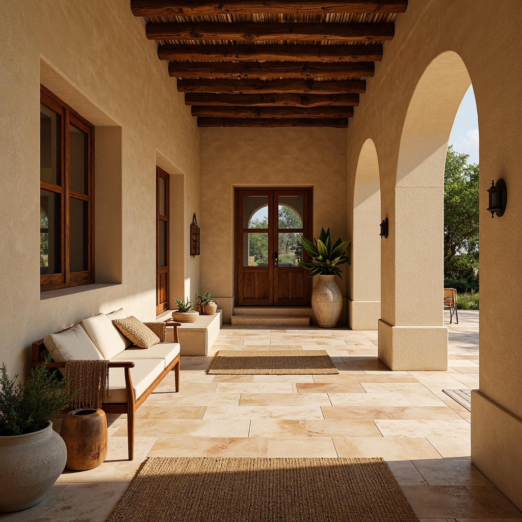 Prompt: Warm Mediterranean villa, rustic stone floors, weathered wood accents, creamy marble countertops, soft terracotta tiles, distressed wooden beams, natural fiber rugs, woven jute textiles, earthy color palette, warm golden lighting, shallow depth of field, 1/1 composition, realistic textures, ambient occlusion.