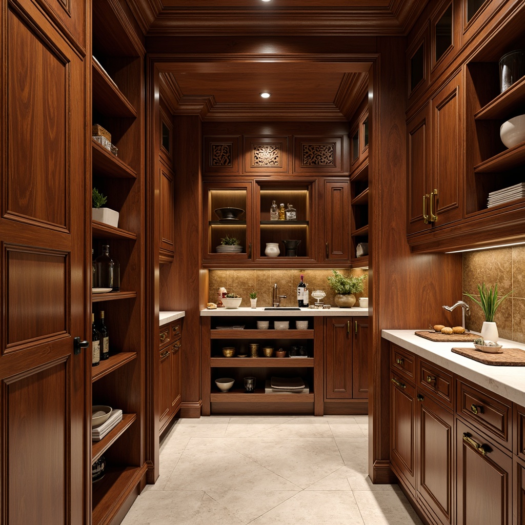 Prompt: Rich wood tones, Asian-inspired cabinetry, ornate carvings, subtle gold accents, elegant pantry design, sliding doors, soft-close drawers, ample storage space, natural stone countertops, warm ambient lighting, 1/1 composition, shallow depth of field, realistic textures, ambient occlusion.