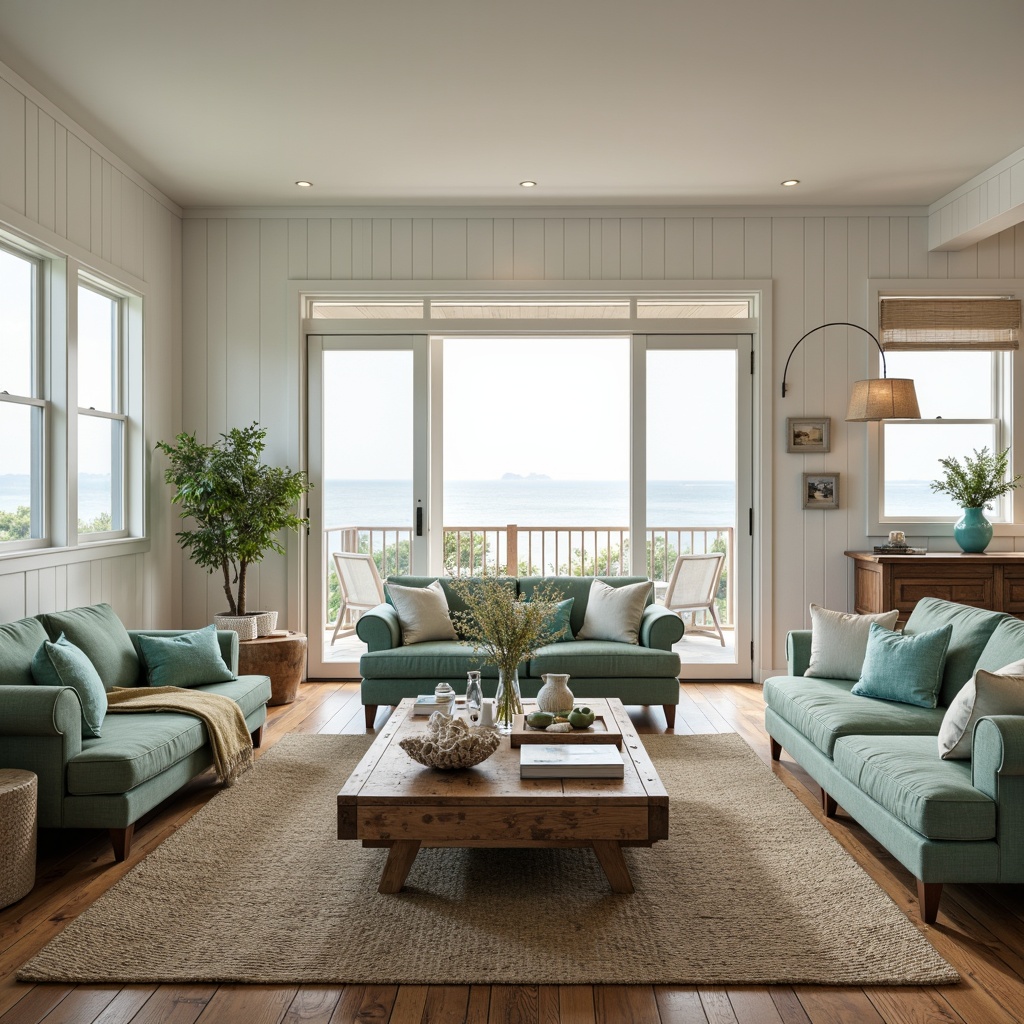 Prompt: Weathered wooden accents, driftwood coffee tables, plush seafoam green sofas, natural jute rugs, coral-inspired vases, shell-adorned decorative boxes, ocean-blue glassware, nautical-themed throw pillows, distressed wood flooring, beachy white shiplap walls, airy open-plan living spaces, floor-to-ceiling windows, sliding glass doors, sunny coastal views, warm soft lighting, shallow depth of field, 1/1 composition, panoramic view, realistic textures, ambient occlusion.