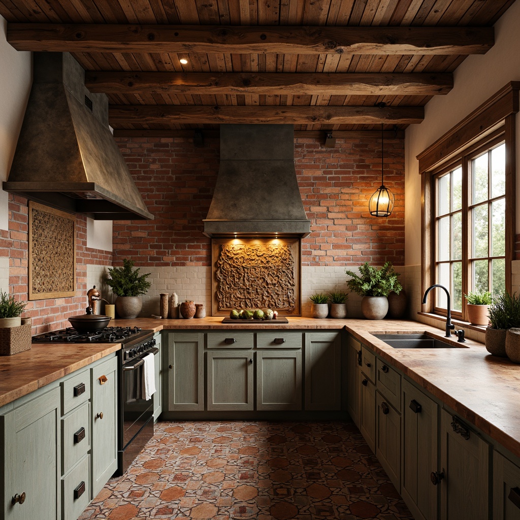 Prompt: Rustic vernacular kitchen, reclaimed wood cabinets, exposed brick walls, earthy color palette, natural stone countertops, ceramic tile backsplashes, Moroccan-inspired geometric patterns, distressed metal range hoods, pendant lighting fixtures, warm ambient glow, shallow depth of field, 1/2 composition, soft focus, realistic textures, cozy atmosphere.