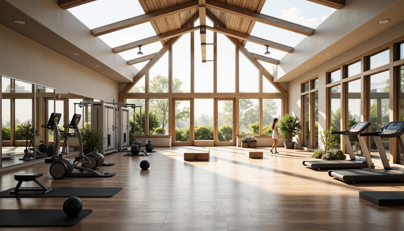 Prompt: Well-lit home gym, large windows, skylights, mirrored walls, polished wooden floors, modern exercise equipment, free weights, treadmills, yoga mats, minimalist decor, light-colored walls, high ceilings, sunny day, soft warm lighting, shallow depth of field, 3/4 composition, panoramic view, realistic textures, ambient occlusion.