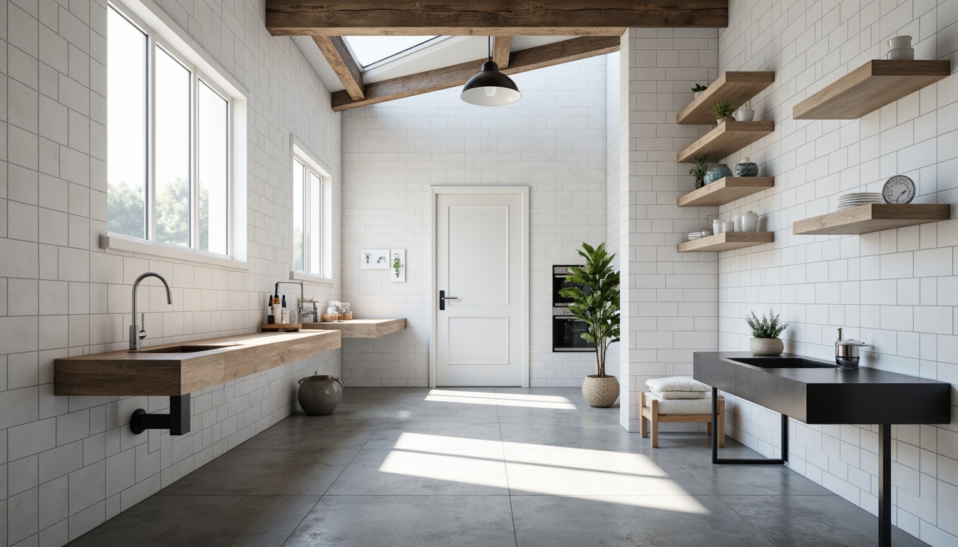 Prompt: Clean lines, rectangular forms, industrial materials, white ceramic tiles, chrome faucets, minimal ornamentation, functional simplicity, geometric patterns, monochromatic color scheme, natural light, skylight windows, concrete floors, stainless steel fixtures, wall-mounted sinks, linear drains, LED lighting, recessed shelves, handle-free cabinets, matte black accents, Scandinavian-inspired design, calm ambiance, soft shadows, 1/1 composition, realistic textures, ambient occlusion.