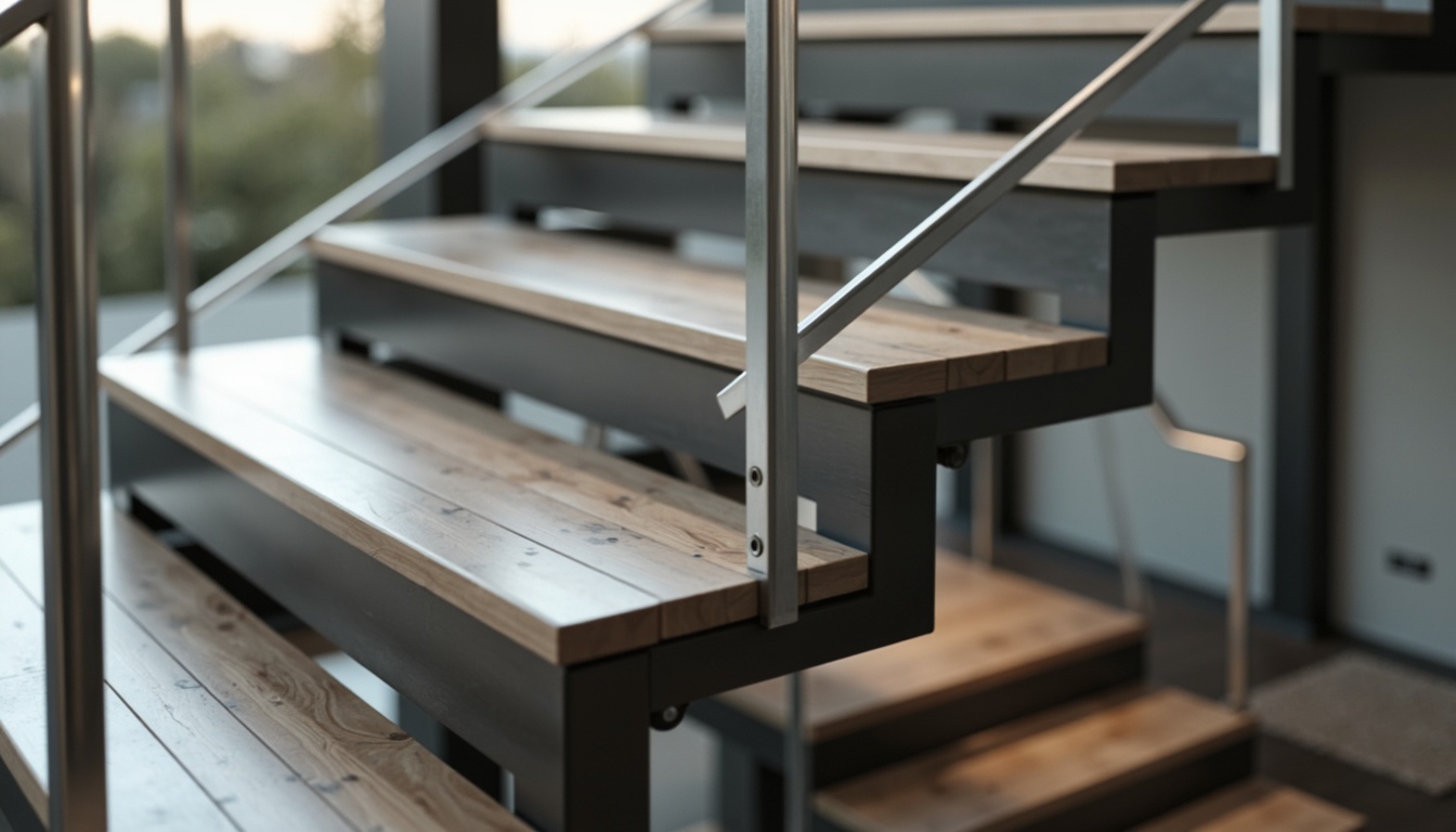 Prompt: Sleek handrails, minimalist design, modern staircase, stainless steel material, glossy finish, geometric shapes, floating steps, open risers, wooden treads, glass balusters, chrome accents, ambient lighting, subtle shadows, 1/1 composition, shallow depth of field, realistic reflections, atmospheric perspective.