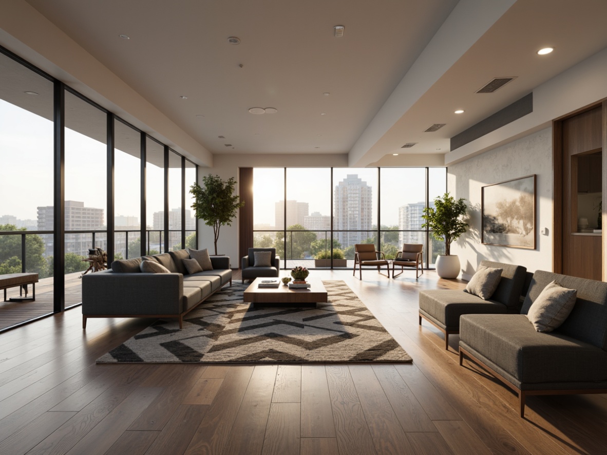 Prompt: Modern living room, sleek furniture, minimalist decor, spacious floor plan, optimized layout, functional zones, comfortable seating area, wooden coffee table, plush sofas, geometric-patterned rug, floor-to-ceiling windows, natural daylight, warm ambient lighting, 1/1 composition, shallow depth of field, realistic textures, subtle shadows.