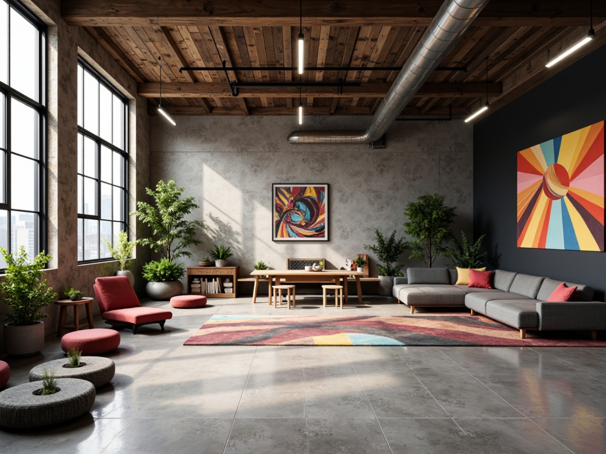 Prompt: Industrial chic interior, polished concrete floors, exposed ductwork, reclaimed wood accents, metal beams, modern minimalist decor, sleek plasticrete walls, bold colorful artwork, urban loft atmosphere, natural light pouring in, shallow depth of field, 1/1 composition, high contrast lighting, realistic textures, ambient occlusion.