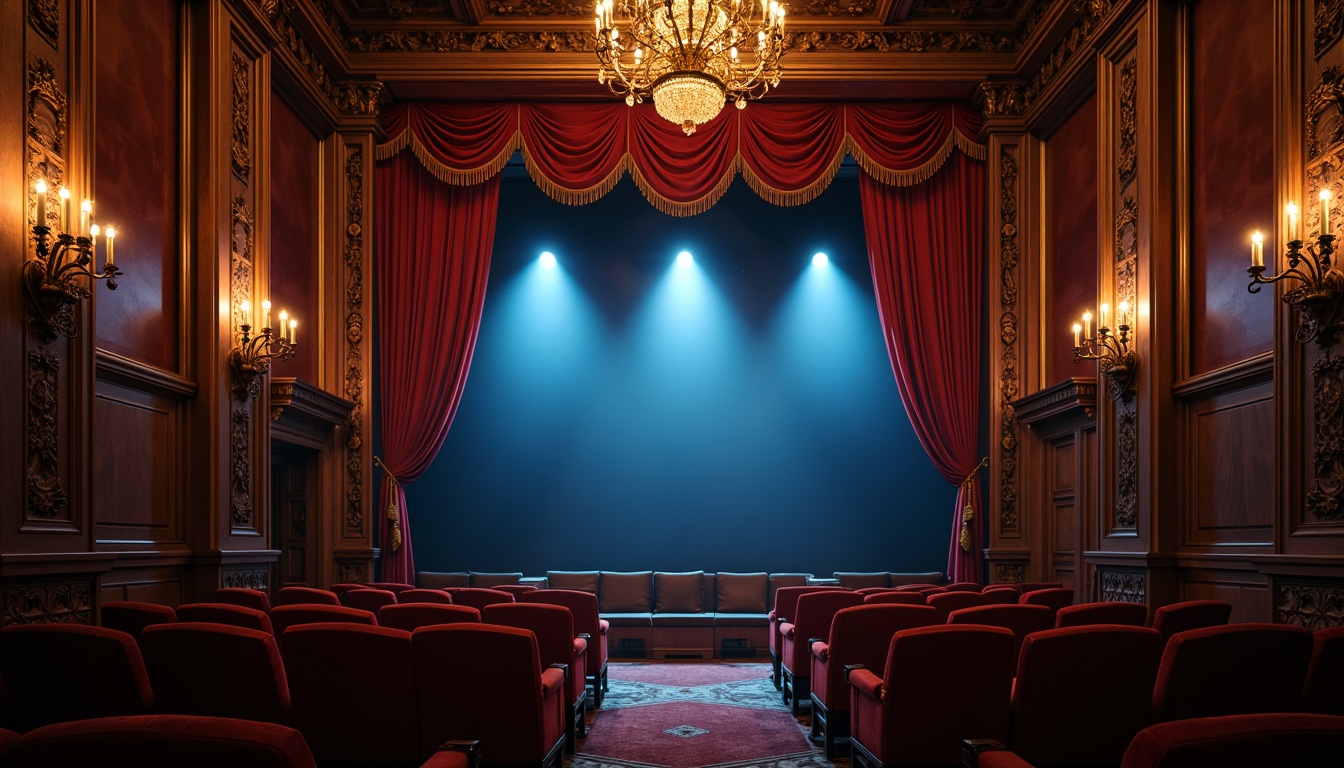 Prompt: Luxurious velvet curtains, rich wood accents, ornate golden details, dimmed warm lighting, intimate setting, plush red seats, Baroque-inspired architecture, grand chandeliers, dramatic spotlights, soft blue hues, mysterious ambiance, cinematic experience, 3/4 composition, shallow depth of field, realistic textures, ambient occlusion.