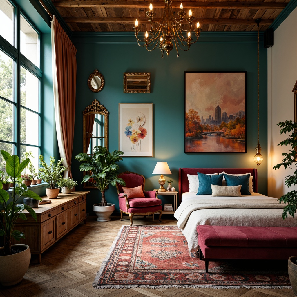 Prompt: Rich velvet fabrics, bold turquoise accents, distressed wood furniture, vintage ornate mirrors, plush area rugs, eclectic artwork, warm golden lighting, rich berry tones, soft peach hues, creamy whites, natural linen textures, bohemian patterns, Moroccan-inspired tiles, lush greenery, potted plants, reclaimed wood headboards, metallic gold hardware, abstract expressionist paintings, moody atmospheric colors, dramatic drapery, layered window treatments, 1/2 composition, warm shallow focus.