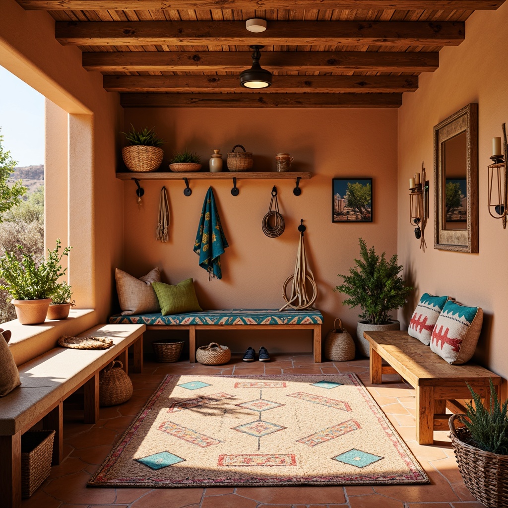 Prompt: Vibrant mudroom, Southwestern-inspired decor, warm terracotta tiles, natural stone walls, rustic wooden benches, woven baskets, colorful textiles, Aztec patterns, geometric motifs, turquoise accents, earthy tones, cozy nooks, built-in storage cubbies, metal hooks, leather straps, rattan accessories, potted cacti, desert-inspired artwork, sunny day, soft warm lighting, shallow depth of field, 3/4 composition, panoramic view, realistic textures, ambient occlusion.