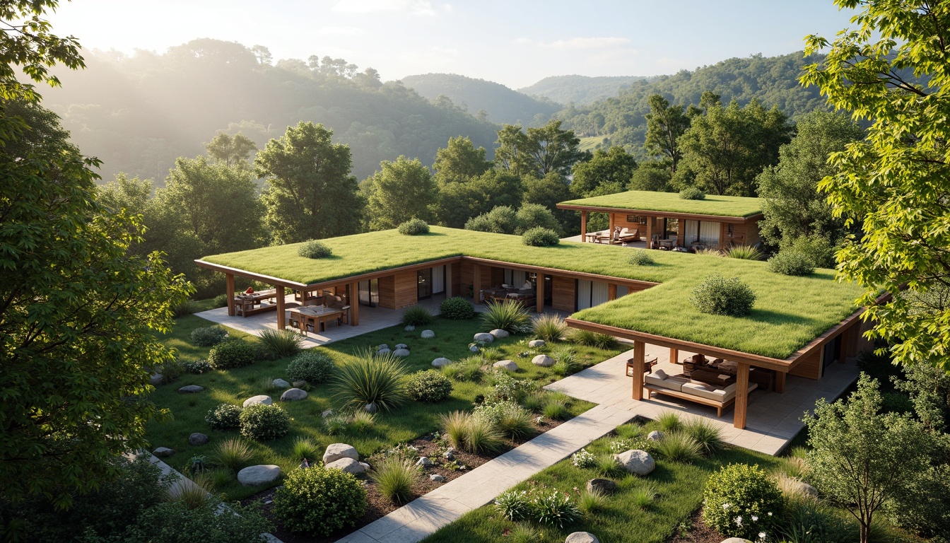 Prompt: Green roofs, lush vegetation, natural ventilation systems, operable windows, clerestory windows, solar chimneys, wind catchers, earth tubes, sustainable building materials, recyclable resources, minimal mechanical cooling, optimal daylighting, thermal mass walls, high-performance insulation, breathable facades, shading devices, overhangs, outdoor living spaces, seamless transitions, warm natural light, soft shadows, 1/1 composition, realistic textures, ambient occlusion.