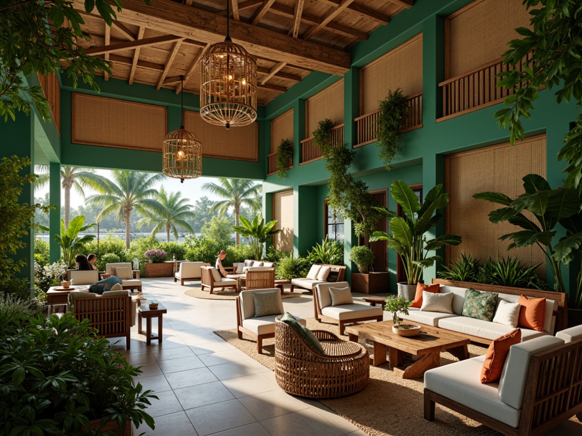 Prompt: Tropical hotel lobby, lush green walls, exotic plants, rattan furniture, woven textiles, natural fibers, reclaimed wood accents, vibrant color palette, comfortable seating areas, soft warm lighting, shallow depth of field, 3/4 composition, relaxed ambiance, calming atmosphere, ocean-inspired decorative elements, wicker armchairs, wooden coffee tables, pendant lamps, nature-inspired artwork, earthy tone colors, breezy outdoor spaces, poolside loungers, tropical leaf patterns, refreshing cocktails, sunny day.