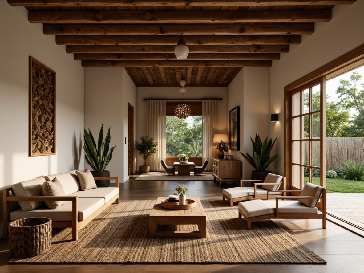 Prompt: Rustic farmhouse, natural materials, reclaimed wood accents, earthy tones, woven bamboo furniture, jute rugs, rattan decor, Asian-inspired motifs, traditional shoji screens, sliding wooden doors, minimal ornamentation, warm ambient lighting, soft shadows, 1/1 composition, cozy intimate atmosphere, nature-inspired colors, organic textures, subtle sheen finishes.