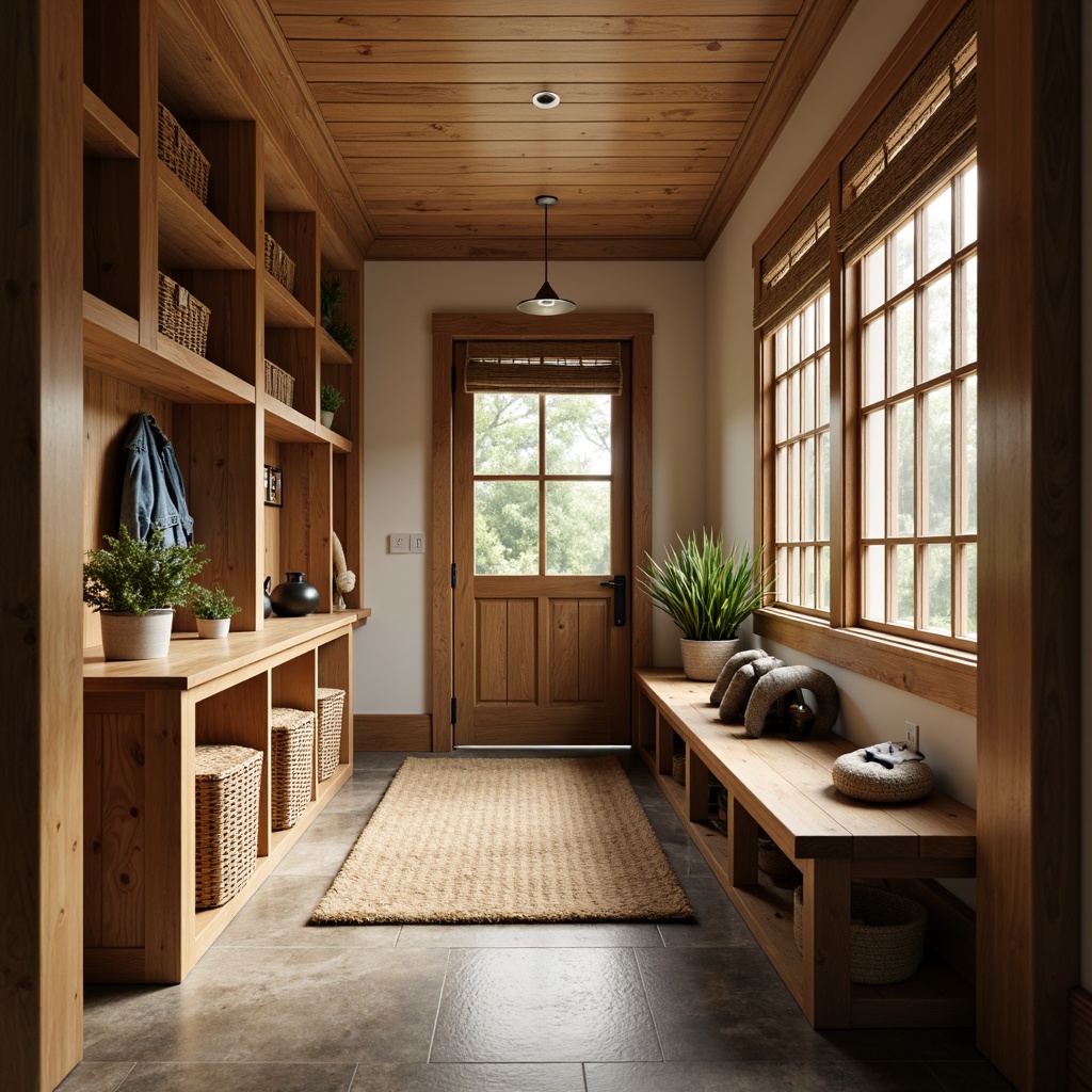 Prompt: Cozy mudroom, natural stone flooring, warm earthy tones, rustic wooden accents, functional storage benches, woven wicker baskets, plush area rugs, soft warm lighting, shallow depth of field, 3/4 composition, realistic textures, ambient occlusion.