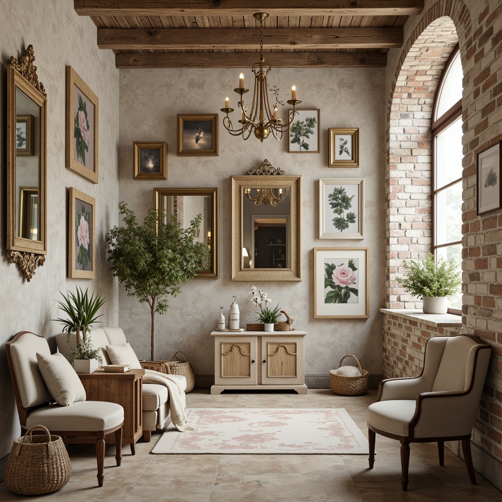 Prompt: Distressed wooden frames, soft pastel colors, vintage floral patterns, lace trimmings, ornate mirrors, rustic metal accents, distressed brick walls, natural linen fabrics, woven baskets, antique furniture pieces, elegant chandeliers, creamy whites, warm beige tones, soft diffused lighting, shallow depth of field, 1/2 composition, intimate cozy atmosphere.