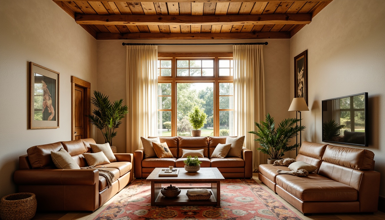 Prompt: Cozy family room, warm beige walls, rich brown leather furniture, plush throw blankets, soft golden lighting, natural wood accents, comfortable sectional sofas, vibrant colorful rugs, lively patterned pillows, inviting atmosphere, relaxed seating area, calming color scheme, earthy tones, warm neutrals, soft pastels, creamy whites, sunny afternoon, gentle shadows, 2/3 composition, realistic textures, ambient occlusion.