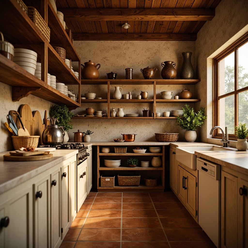 Prompt: Warm pantry, rustic wooden shelves, earthy terracotta tiles, soft golden lighting, cozy atmosphere, vintage kitchenware, distressed metal accents, creamy white countertops, warm beige cabinetry, rich brown wood tones, natural stone walls, woven baskets, decorative ceramics, subtle texture variations, shallow depth of field, 1/1 composition, intimate view, realistic rendering, ambient occlusion.