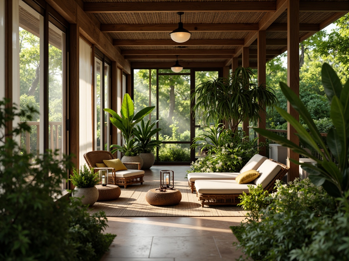 Prompt: Vibrant greenery, lush ferns, exotic tropical plants, natural wood accents, sliding glass doors, soft warm lighting, minimalist decor, serene ambiance, comfortable seating areas, woven bamboo furniture, nature-inspired textiles, earthy color palette, Asian-style lanterns, ornate ceramics, shallow depth of field, 1/1 composition, realistic plant textures, ambient occlusion.